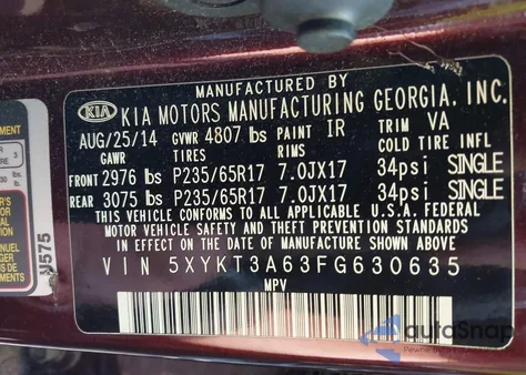 2015 Kia Sorento Lx из США, поврежденный, VIN 5XYKT3A63FG630635